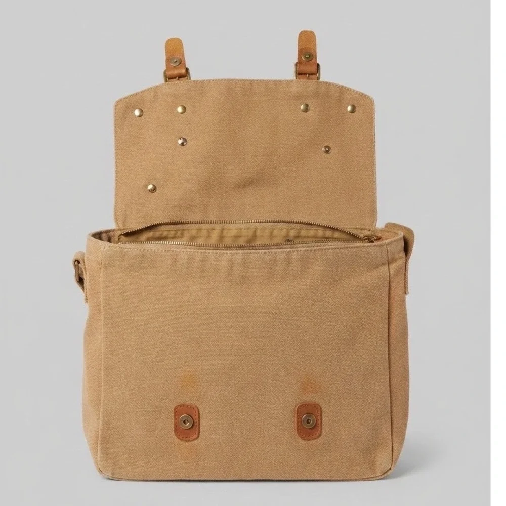 Adventure Club Tan Khaki Canvas Messenger Bag with Enamel Pins Satchel Crossbody